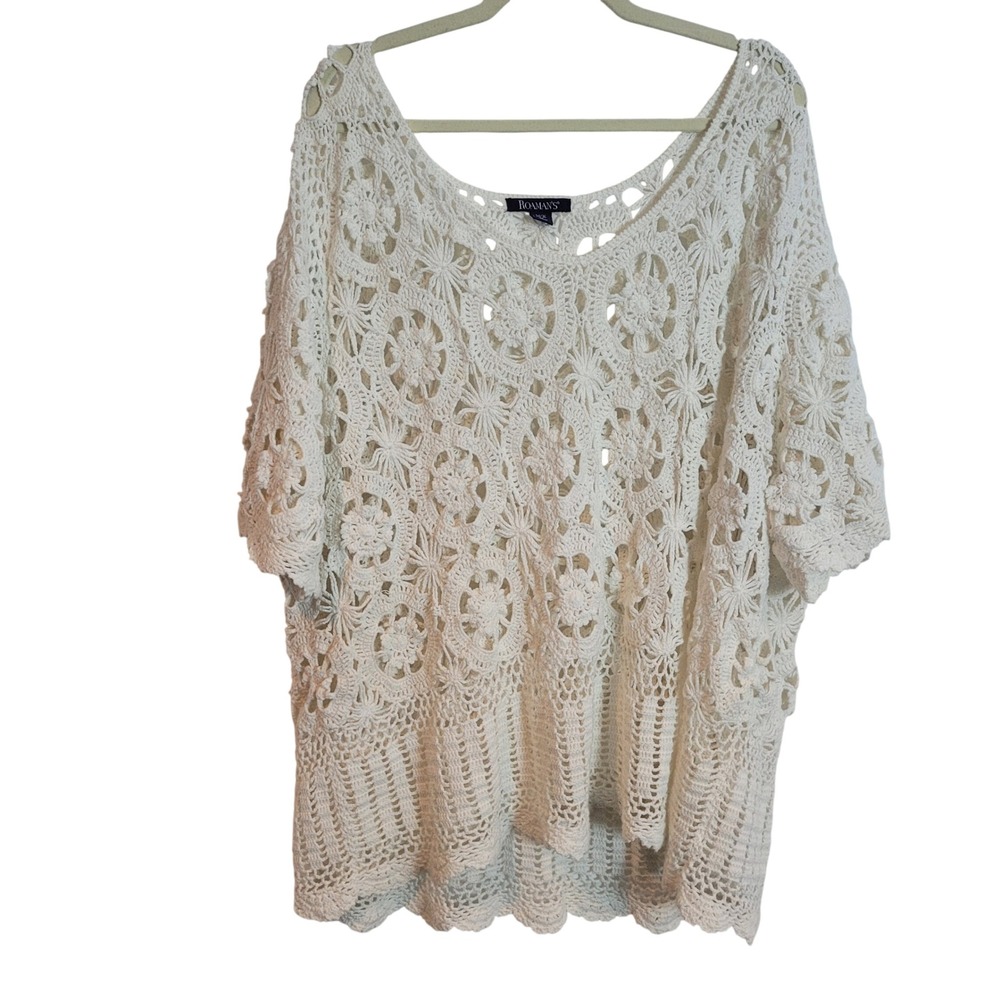 Roaman's White Floral Crochet Lace Top Plus Size 4X Ramie Cotton Blend Boho